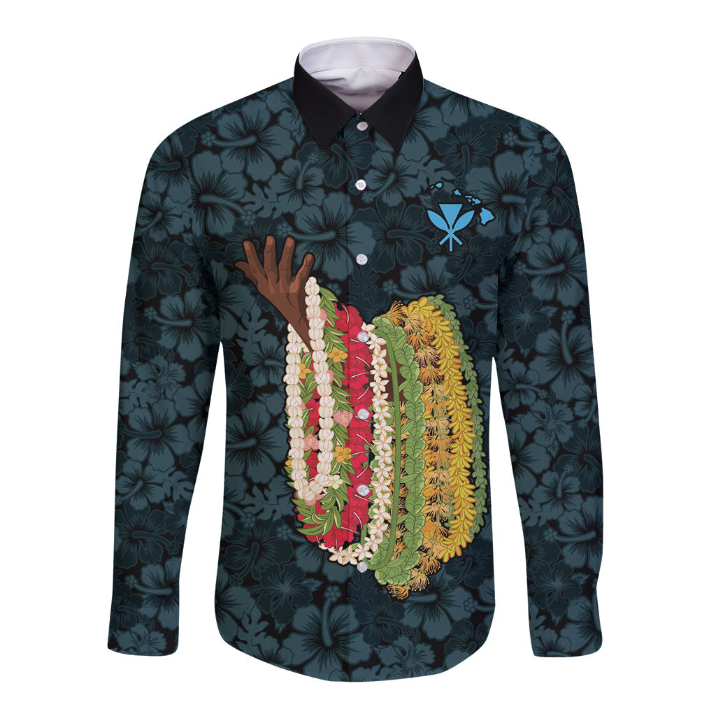 Hawaii Lei Kamehameha Long Sleeve Button Shirt Uliuli Seamless Pattern Hibiscus Flower LT9 Unisex Blue - Polynesian Pride