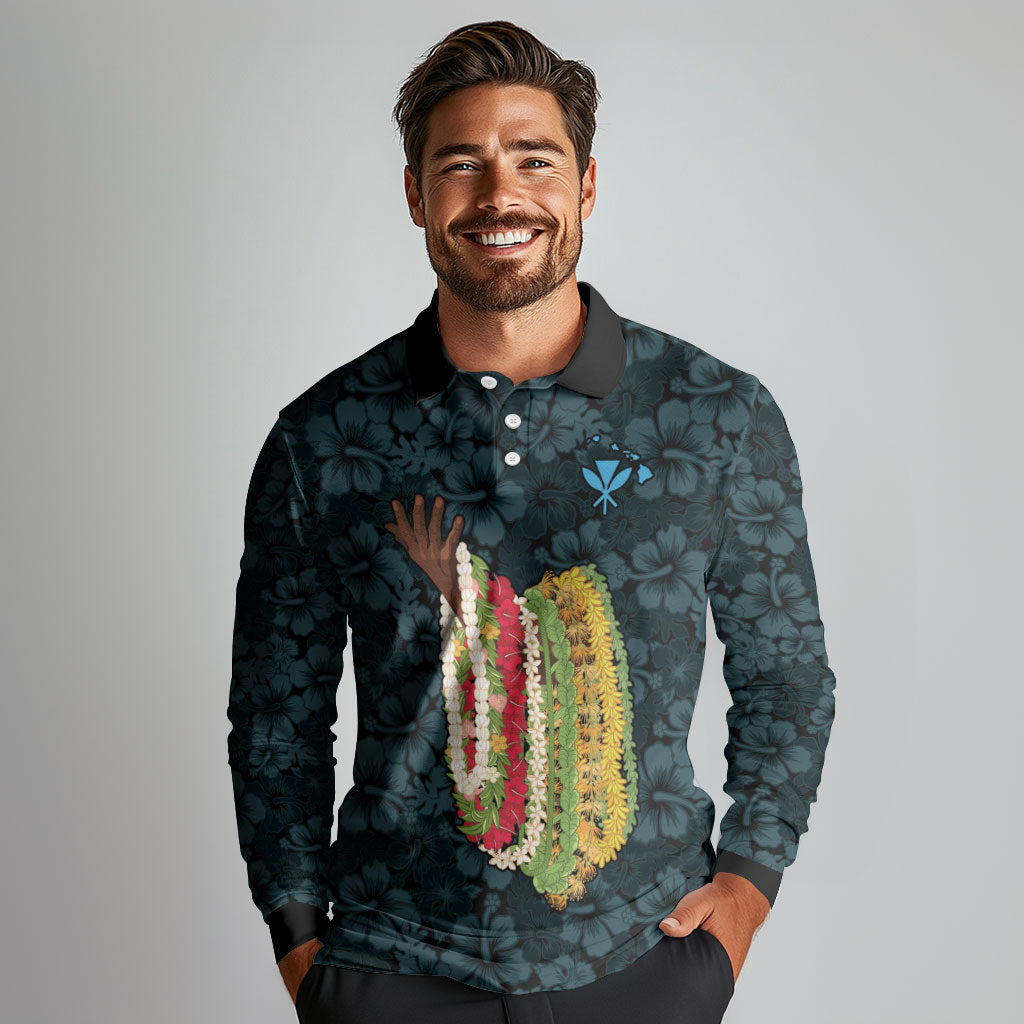 Hawaii Lei Kamehameha Long Sleeve Polo Shirt Uliuli Seamless Pattern Hibiscus Flower