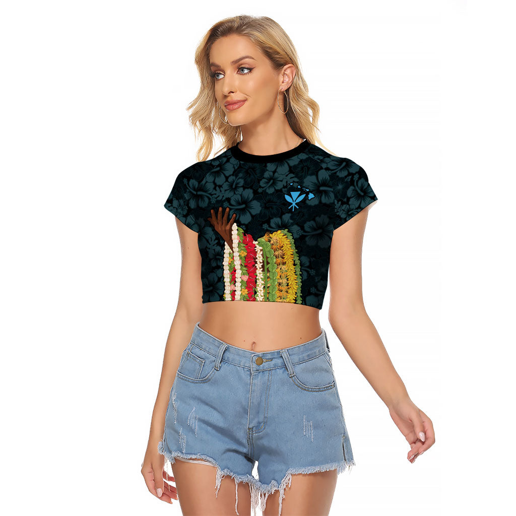 Hawaii Lei Kamehameha Raglan Cropped T Shirt Uliuli Seamless Pattern Hibiscus Flower LT9 Female Blue - Polynesian Pride