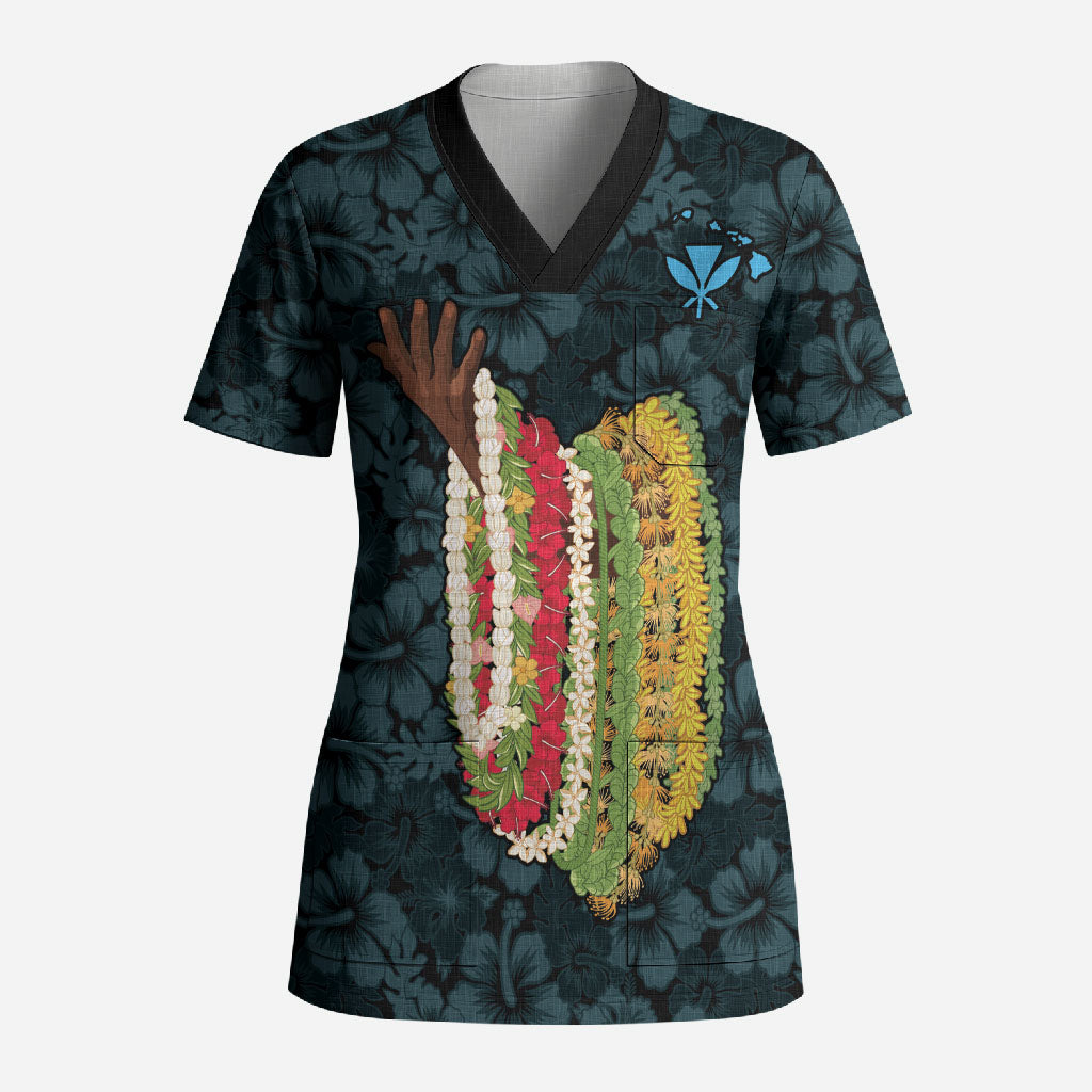Hawaii Lei Kamehameha Scrub Top Uliuli Seamless Pattern Hibiscus Flower