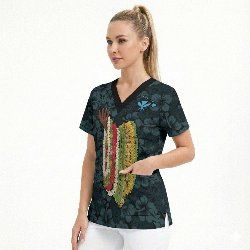 Hawaii Lei Kamehameha Scrub Top Uliuli Seamless Pattern Hibiscus Flower