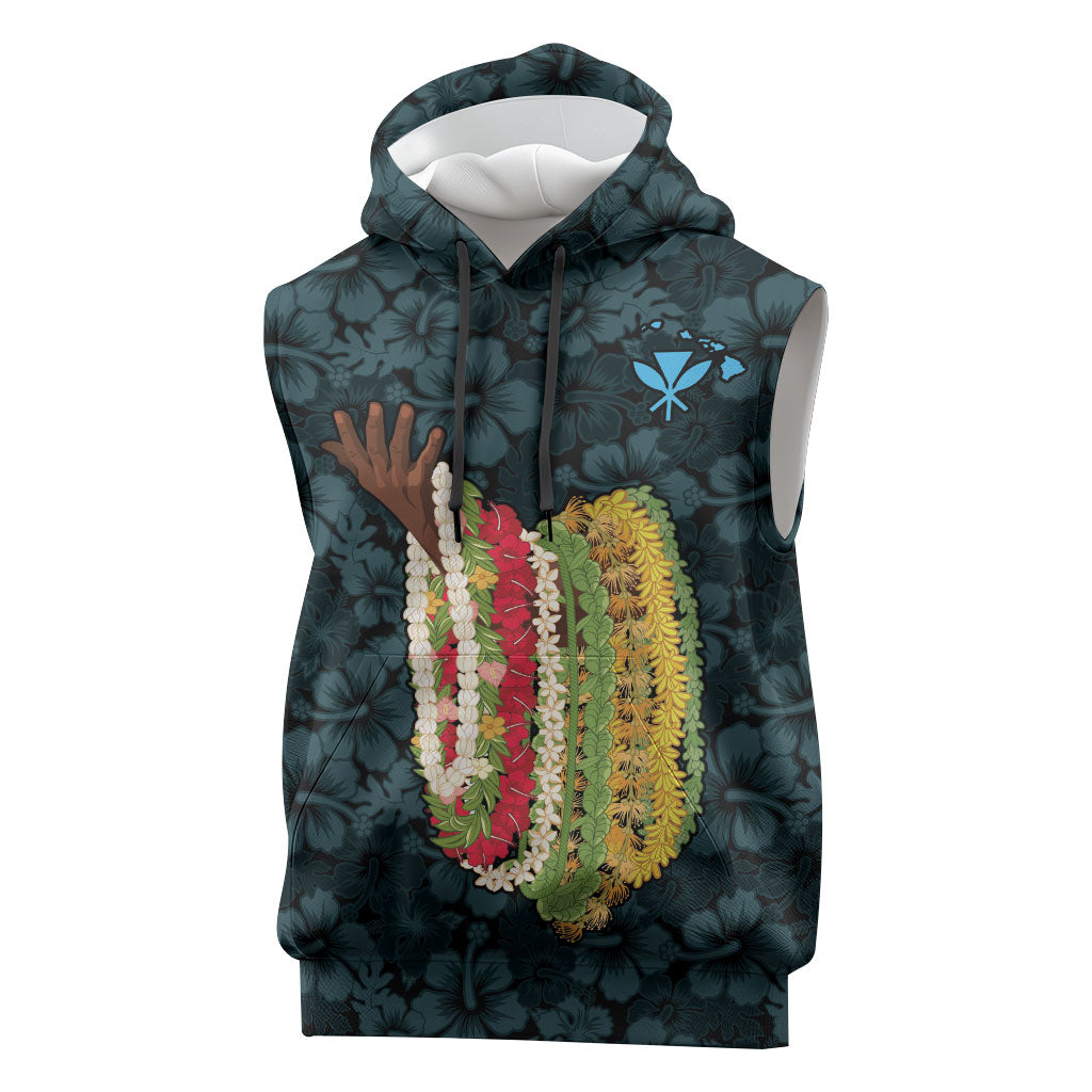 Hawaii Lei Kamehameha Sleeveless Hoodie Uliuli Seamless Pattern Hibiscus Flower LT9 Blue - Polynesian Pride