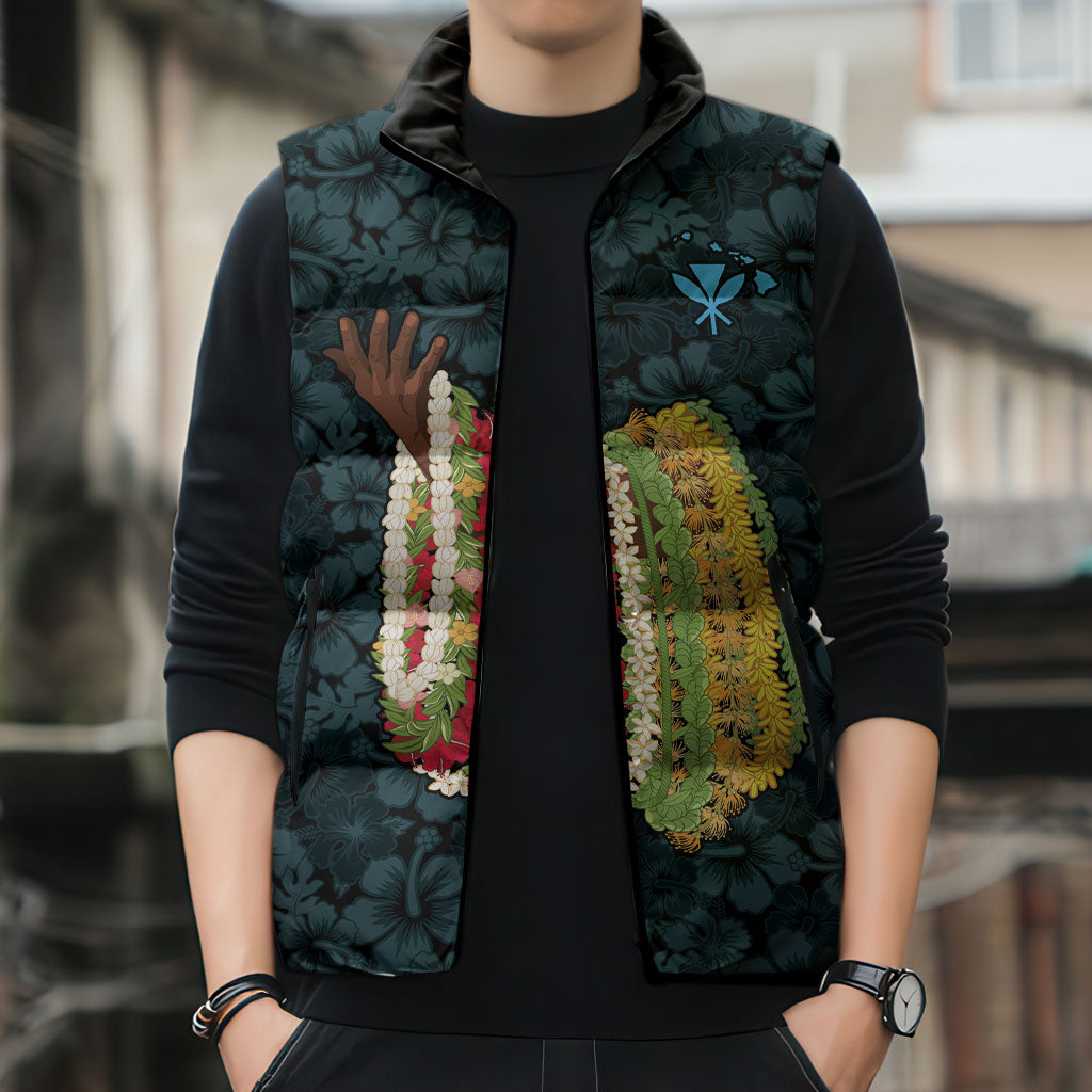 Hawaii Lei Kamehameha Sleeveless Puffer Jacket Uliuli Seamless Pattern Hibiscus Flower