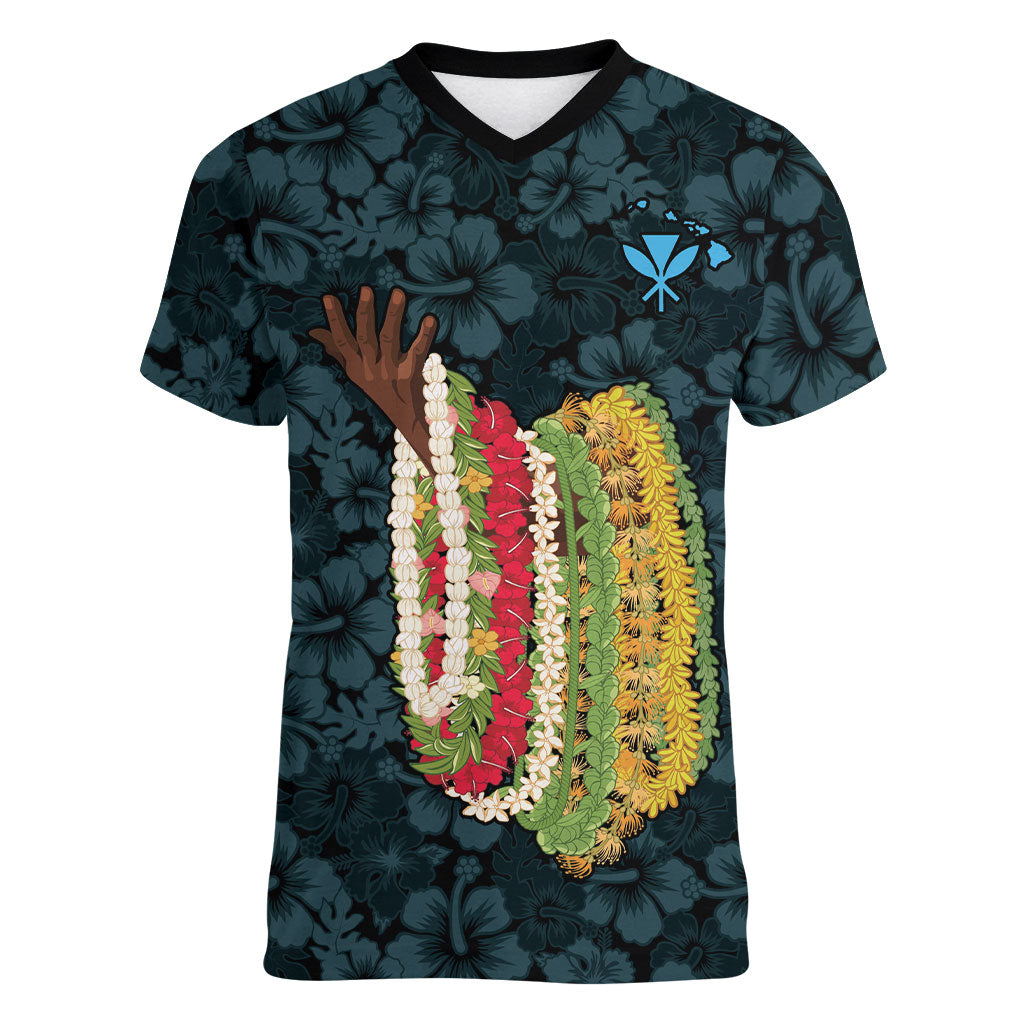 Hawaii Lei Kamehameha Women V-Neck T-Shirt Uliuli Seamless Pattern Hibiscus Flower LT9 Female Blue - Polynesian Pride