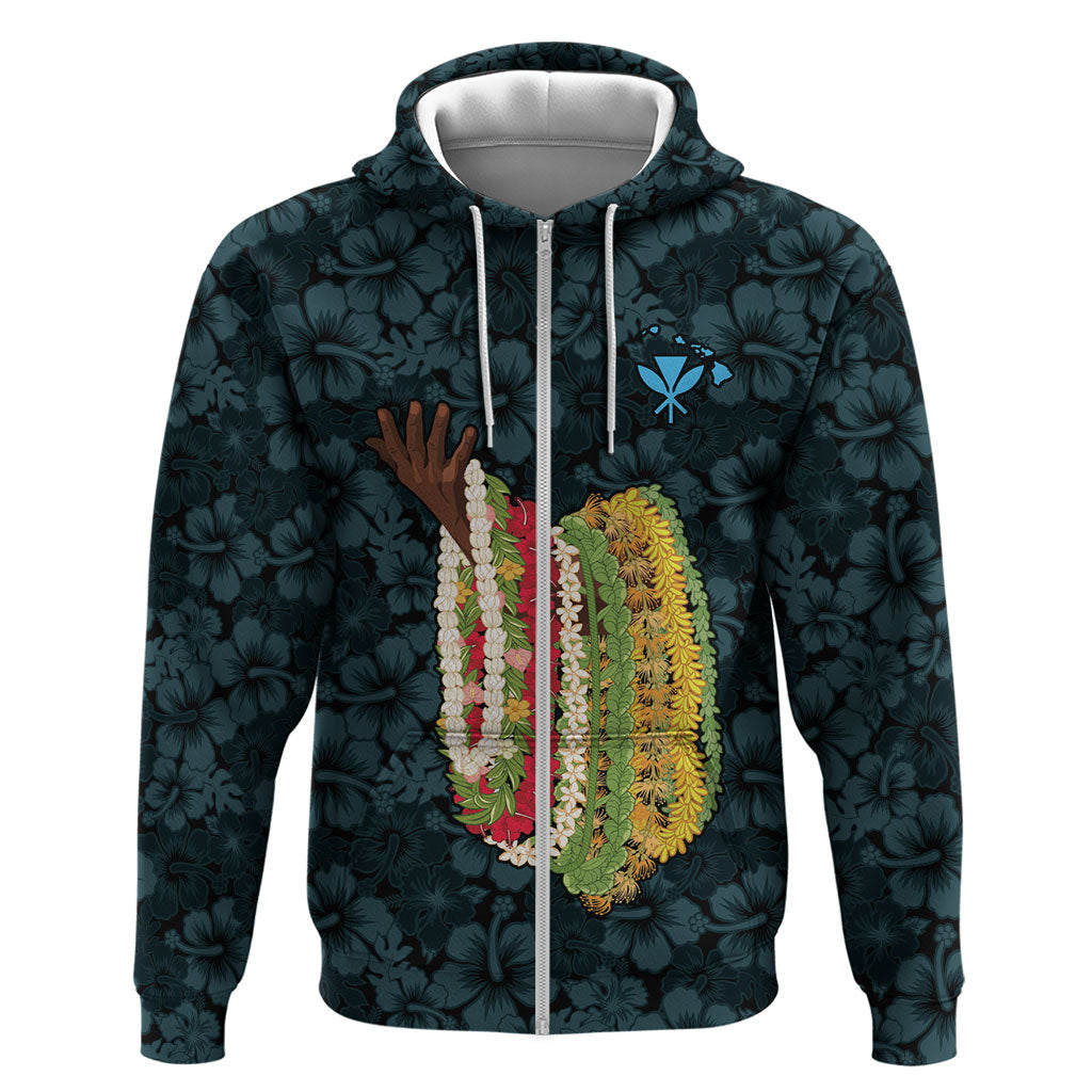 Hawaii Lei Kamehameha Zip Hoodie Uliuli Seamless Pattern Hibiscus Flower LT9 Zip Hoodie Blue - Polynesian Pride