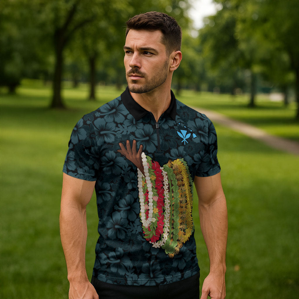 Hawaii Lei Kamehameha Zipper Polo Shirt Uliuli Seamless Pattern Hibiscus Flower