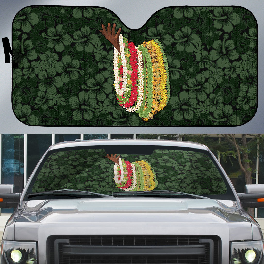 Hawaii Lei Kamehameha Auto Sun Shade Oma'oma'o Seamless Pattern Hibiscus Flower LT9 Green - Polynesian Pride