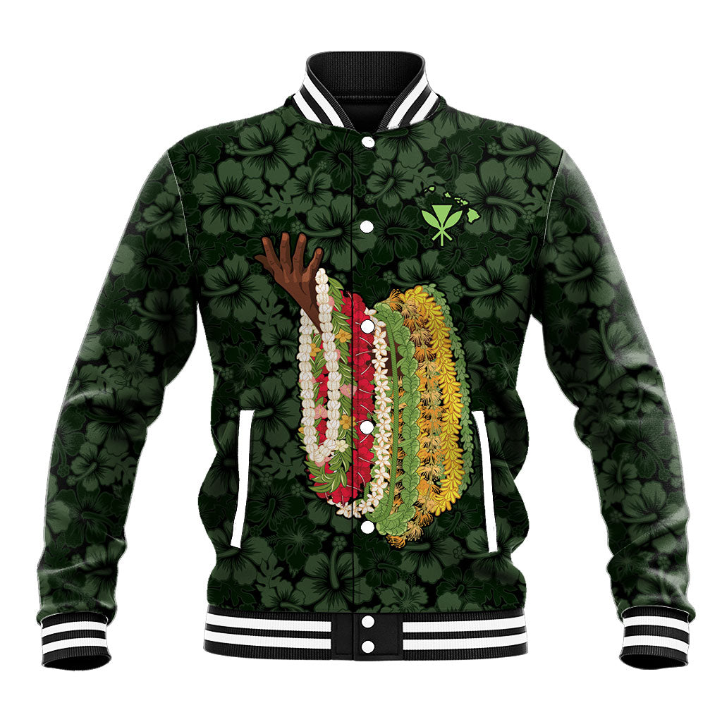 Hawaii Lei Kamehameha Baseball Jacket Oma'oma'o Seamless Pattern Hibiscus Flower LT9 Unisex Green - Polynesian Pride