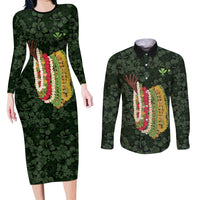 Hawaii Lei Kamehameha Couples Matching Long Sleeve Bodycon Dress and Long Sleeve Button Shirt Oma'oma'o Seamless Pattern Hibiscus Flower