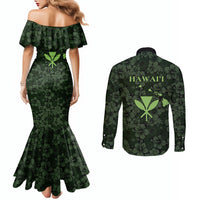 Hawaii Lei Kamehameha Couples Matching Mermaid Dress and Long Sleeve Button Shirt Oma'oma'o Seamless Pattern Hibiscus Flower