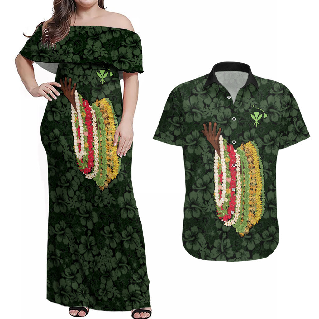 Hawaii Lei Kamehameha Couples Matching Off Shoulder Maxi Dress and Hawaiian Shirt Oma'oma'o Seamless Pattern Hibiscus Flower LT9 Green - Polynesian Pride