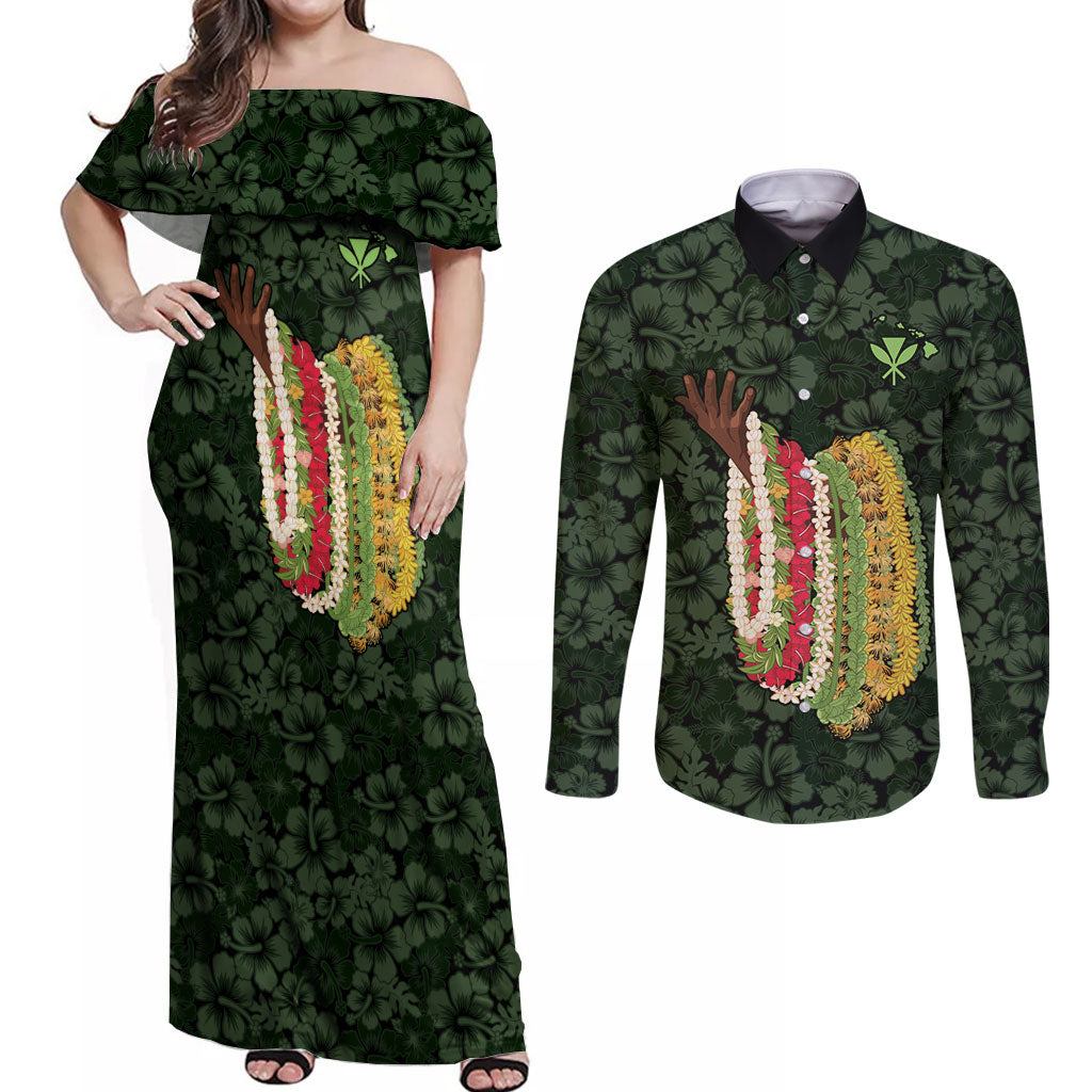 Hawaii Lei Kamehameha Couples Matching Off Shoulder Maxi Dress and Long Sleeve Button Shirt Oma'oma'o Seamless Pattern Hibiscus Flower LT9 Green - Polynesian Pride