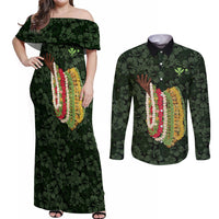 Hawaii Lei Kamehameha Couples Matching Off Shoulder Maxi Dress and Long Sleeve Button Shirt Oma'oma'o Seamless Pattern Hibiscus Flower