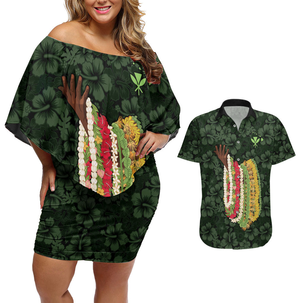 Hawaii Lei Kamehameha Couples Matching Off Shoulder Short Dress and Hawaiian Shirt Oma'oma'o Seamless Pattern Hibiscus Flower LT9 Green - Polynesian Pride