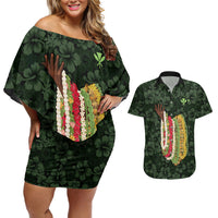 Hawaii Lei Kamehameha Couples Matching Off Shoulder Short Dress and Hawaiian Shirt Oma'oma'o Seamless Pattern Hibiscus Flower