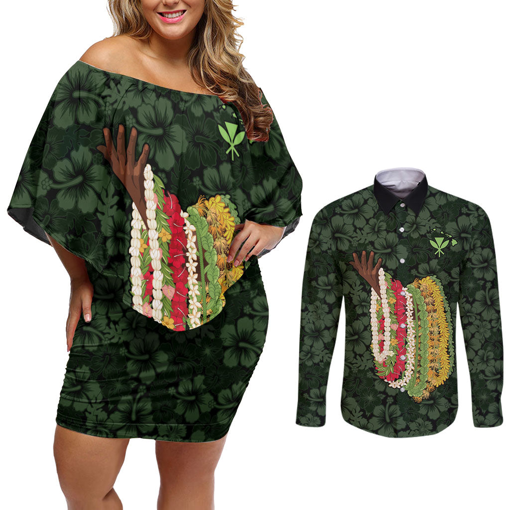 Hawaii Lei Kamehameha Couples Matching Off Shoulder Short Dress and Long Sleeve Button Shirt Oma'oma'o Seamless Pattern Hibiscus Flower