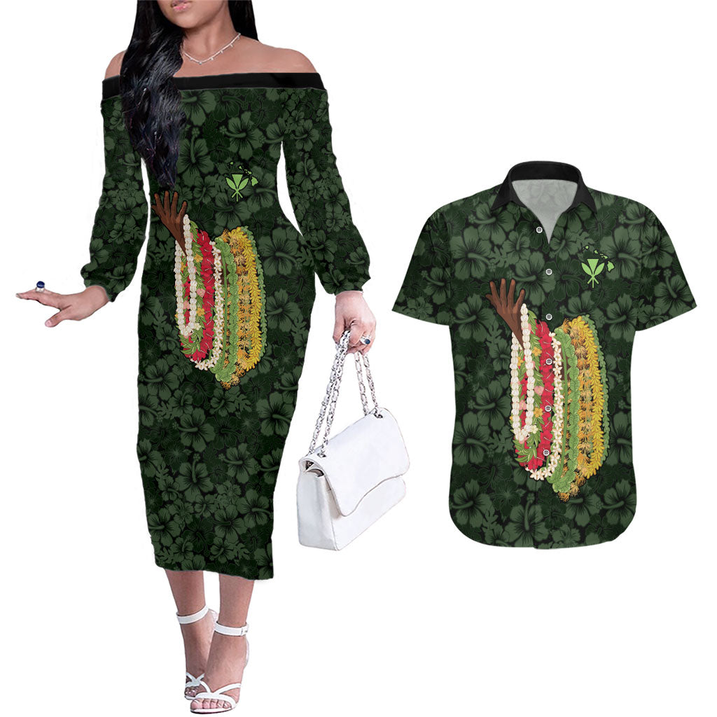 Hawaii Lei Kamehameha Couples Matching Off The Shoulder Long Sleeve Dress and Hawaiian Shirt Oma'oma'o Seamless Pattern Hibiscus Flower