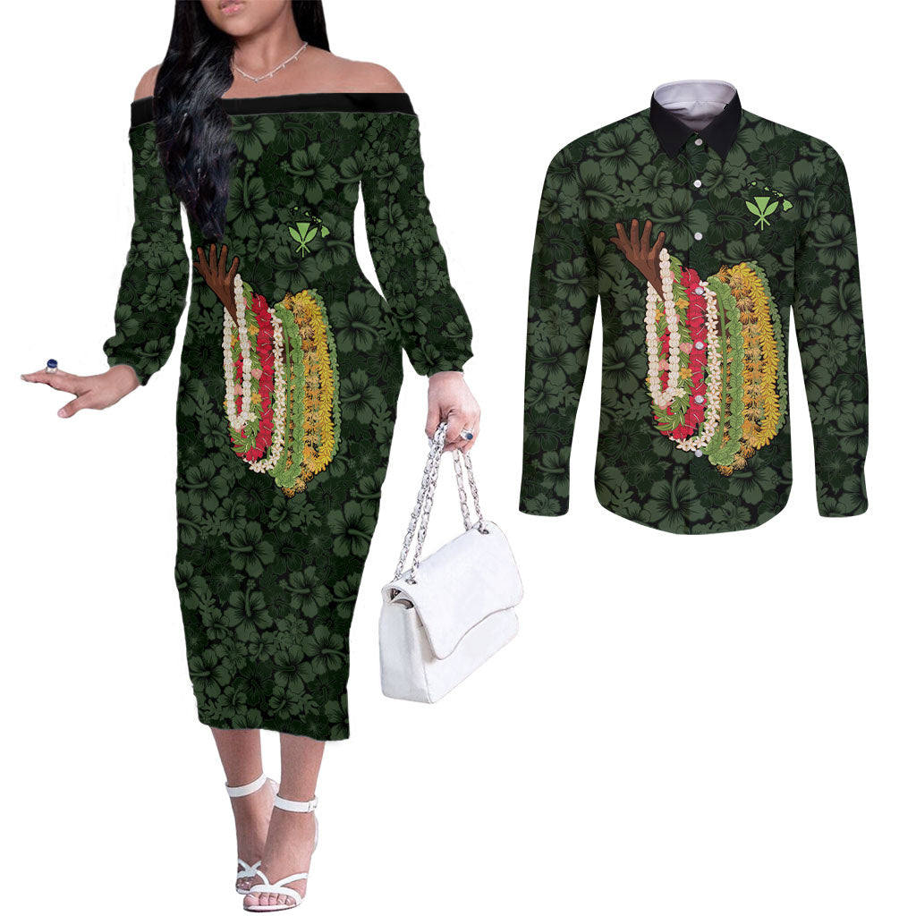 Hawaii Lei Kamehameha Couples Matching Off The Shoulder Long Sleeve Dress and Long Sleeve Button Shirt Oma'oma'o Seamless Pattern Hibiscus Flower LT9 Green - Polynesian Pride