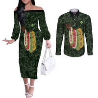 Hawaii Lei Kamehameha Couples Matching Off The Shoulder Long Sleeve Dress and Long Sleeve Button Shirt Oma'oma'o Seamless Pattern Hibiscus Flower