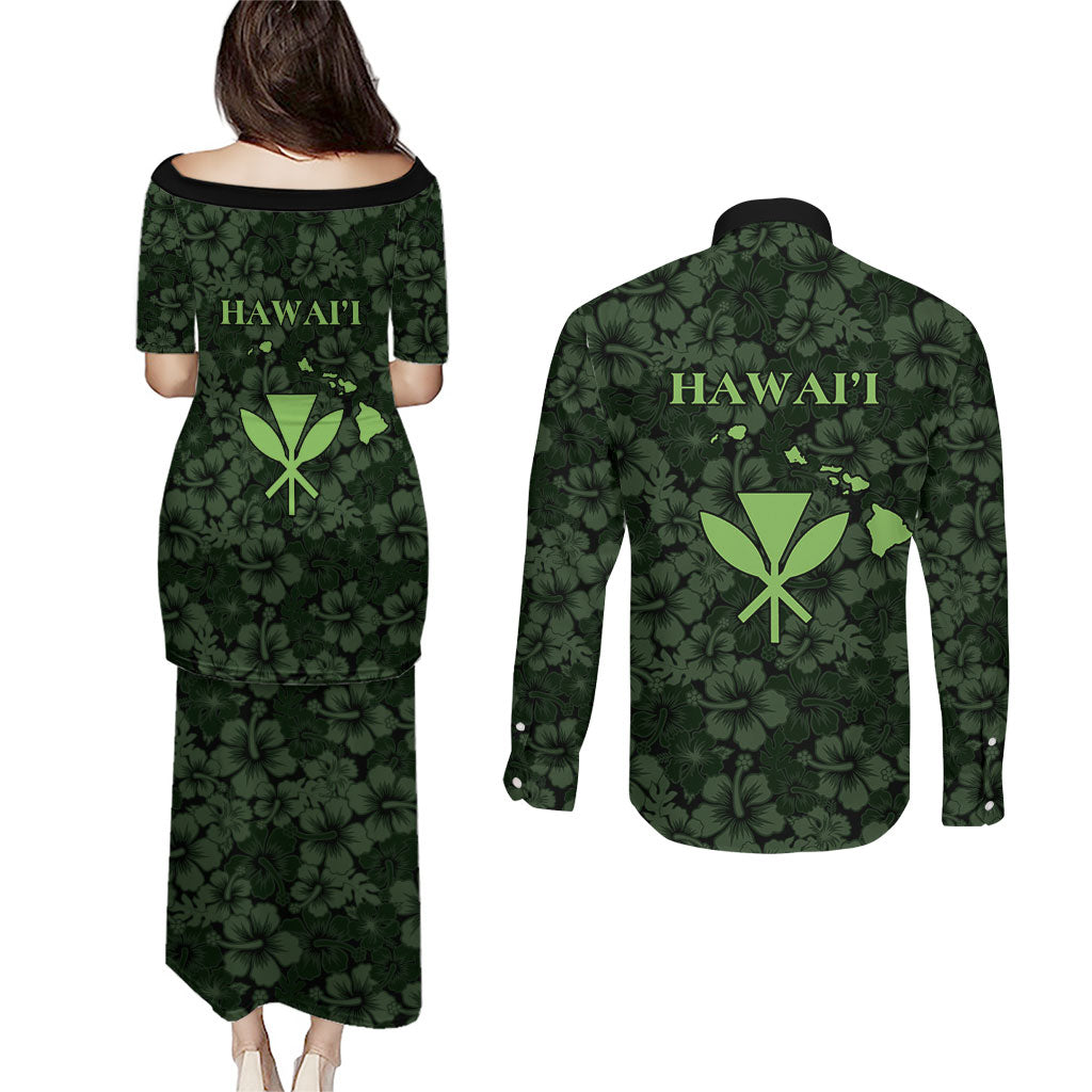 Hawaii Lei Kamehameha Couples Matching Puletasi and Long Sleeve Button Shirt Oma'oma'o Seamless Pattern Hibiscus Flower