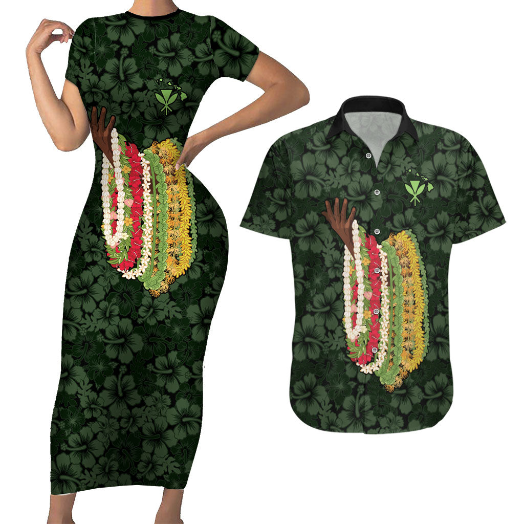 Hawaii Lei Kamehameha Couples Matching Short Sleeve Bodycon Dress and Hawaiian Shirt Oma'oma'o Seamless Pattern Hibiscus Flower