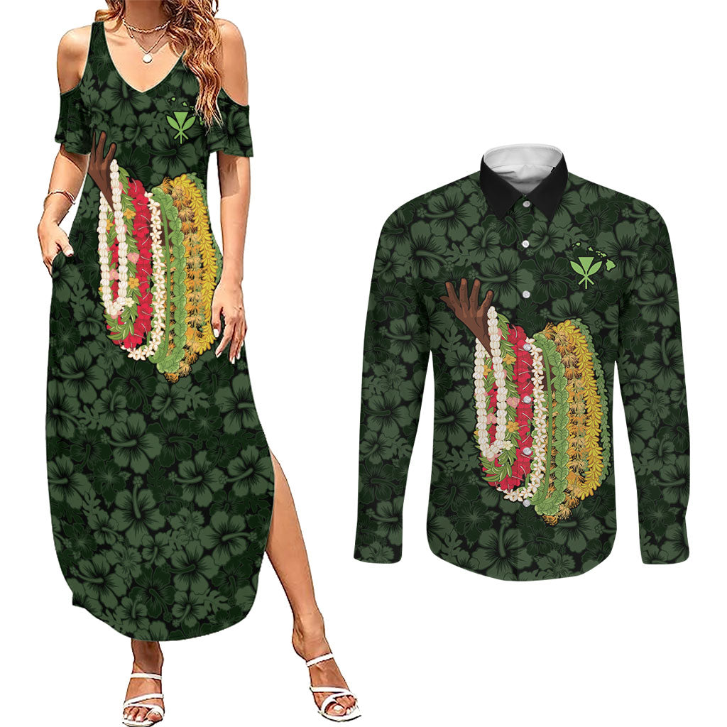 Hawaii Lei Kamehameha Couples Matching Summer Maxi Dress and Long Sleeve Button Shirt Oma'oma'o Seamless Pattern Hibiscus Flower LT9 Green - Polynesian Pride