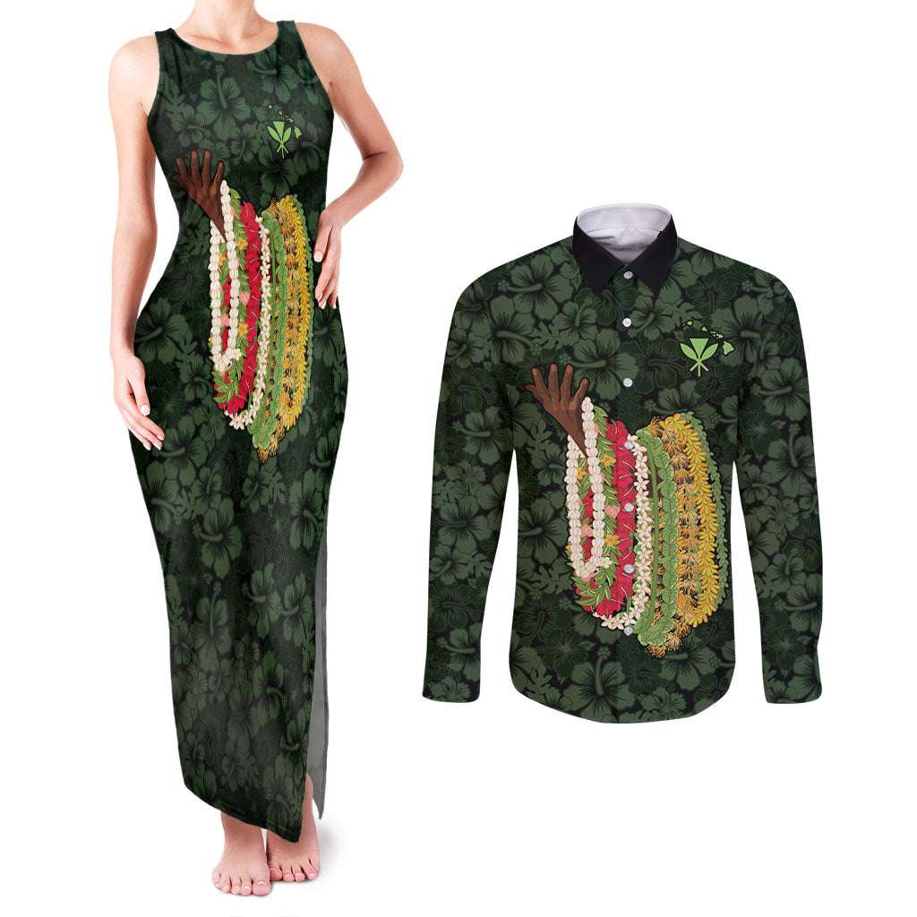Hawaii Lei Kamehameha Couples Matching Tank Maxi Dress and Long Sleeve Button Shirt Oma'oma'o Seamless Pattern Hibiscus Flower