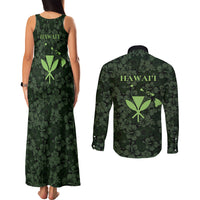 Hawaii Lei Kamehameha Couples Matching Tank Maxi Dress and Long Sleeve Button Shirt Oma'oma'o Seamless Pattern Hibiscus Flower