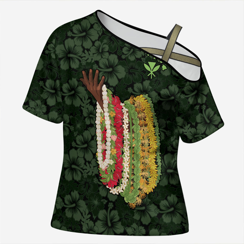 Hawaii Lei Kamehameha Cross Shoulder Shirt Oma'oma'o Seamless Pattern Hibiscus Flower