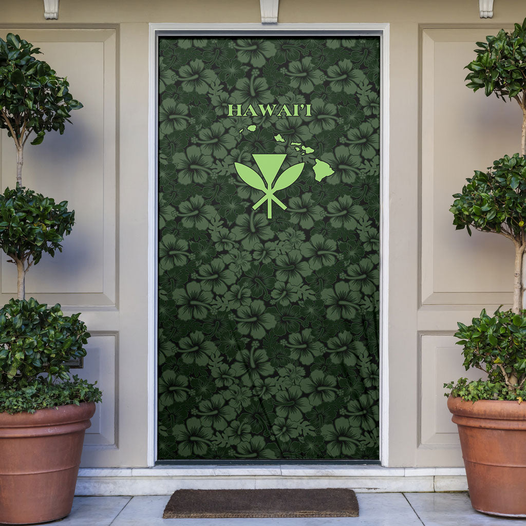 Hawaii Lei Kamehameha Door Cover Oma'oma'o Seamless Pattern Hibiscus Flower LT9 Green - Polynesian Pride