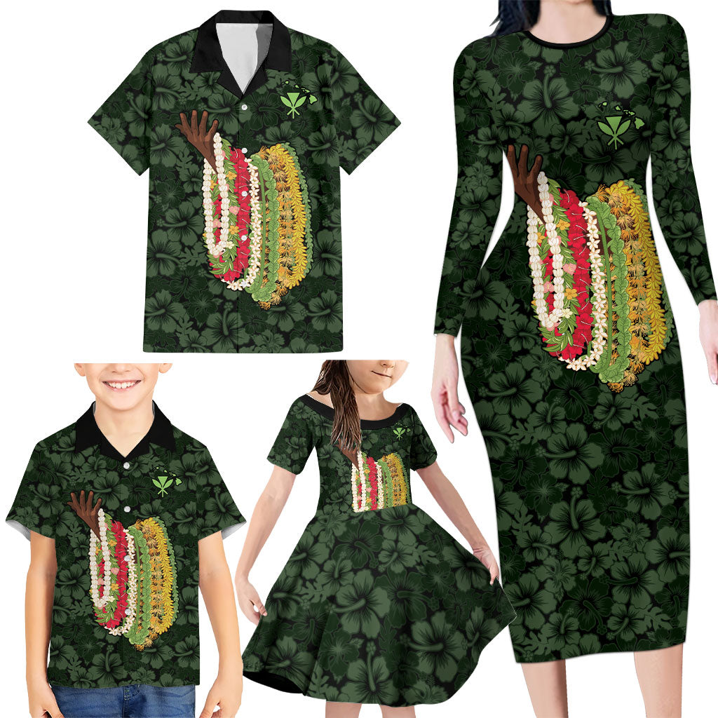 Hawaii Lei Kamehameha Family Matching Long Sleeve Bodycon Dress and Hawaiian Shirt Oma'oma'o Seamless Pattern Hibiscus Flower