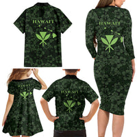 Hawaii Lei Kamehameha Family Matching Long Sleeve Bodycon Dress and Hawaiian Shirt Oma'oma'o Seamless Pattern Hibiscus Flower