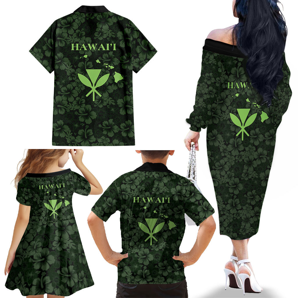 Hawaii Lei Kamehameha Family Matching Off The Shoulder Long Sleeve Dress and Hawaiian Shirt Oma'oma'o Seamless Pattern Hibiscus Flower