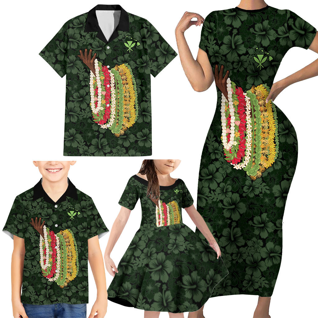 Hawaii Lei Kamehameha Family Matching Short Sleeve Bodycon Dress and Hawaiian Shirt Oma'oma'o Seamless Pattern Hibiscus Flower