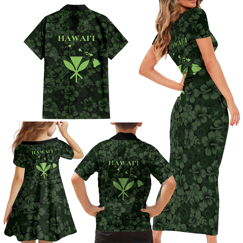 Hawaii Lei Kamehameha Family Matching Short Sleeve Bodycon Dress and Hawaiian Shirt Oma'oma'o Seamless Pattern Hibiscus Flower