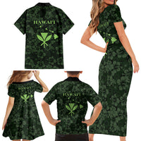 Hawaii Lei Kamehameha Family Matching Short Sleeve Bodycon Dress and Hawaiian Shirt Oma'oma'o Seamless Pattern Hibiscus Flower