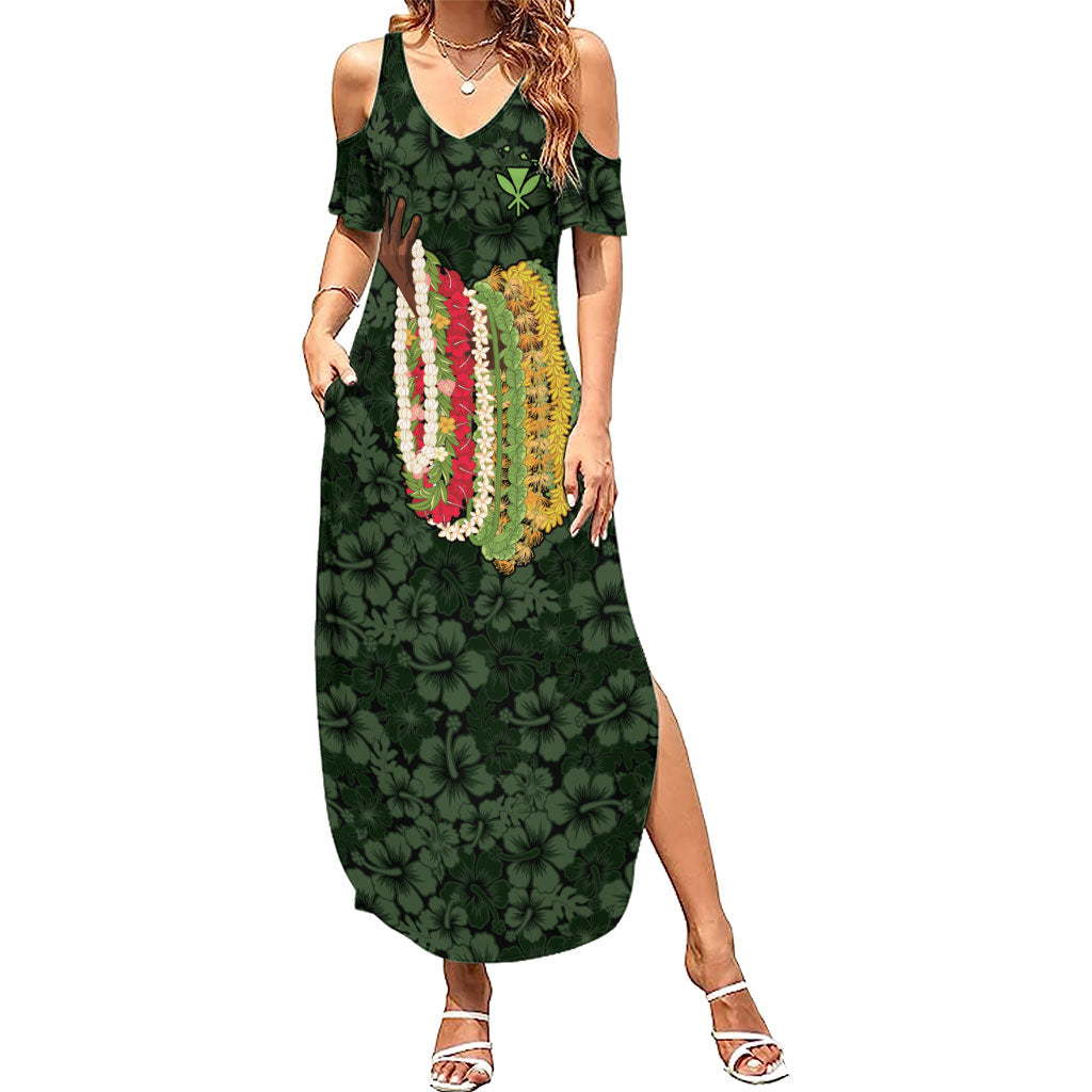 Hawaii Lei Kamehameha Family Matching Summer Maxi Dress and Hawaiian Shirt Oma'oma'o Seamless Pattern Hibiscus Flower