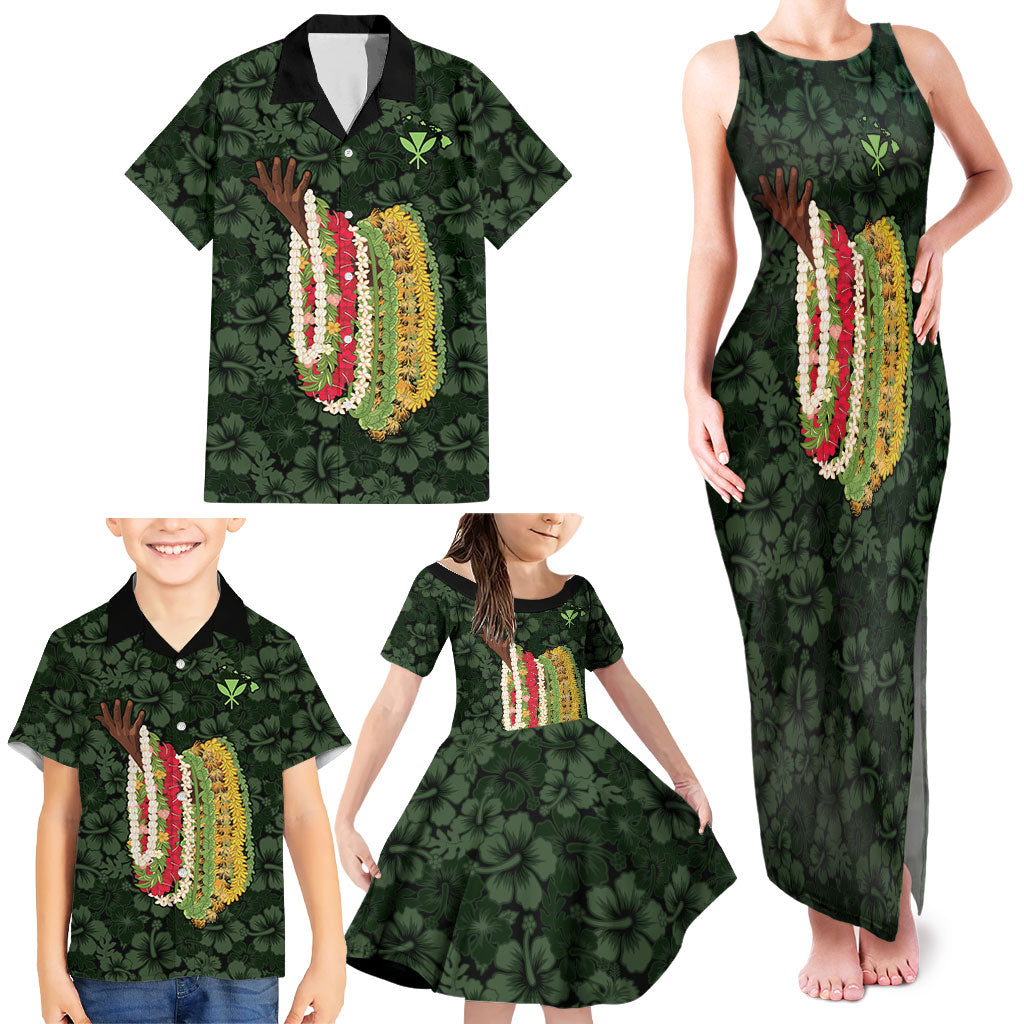 Hawaii Lei Kamehameha Family Matching Tank Maxi Dress and Hawaiian Shirt Oma'oma'o Seamless Pattern Hibiscus Flower