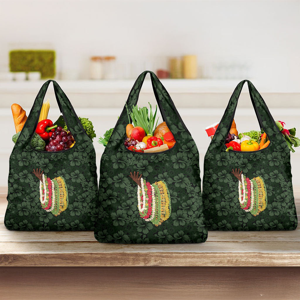 Hawaii Lei Kamehameha Grocery Bag Oma'oma'o Seamless Pattern Hibiscus Flower