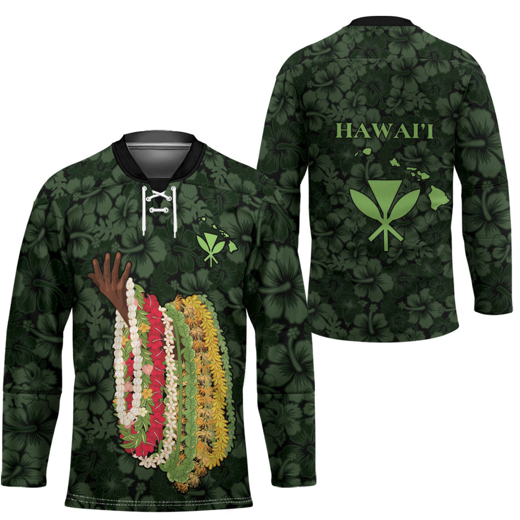 Hawaii Lei Kamehameha Hockey Jersey Oma'oma'o Seamless Pattern Hibiscus Flower