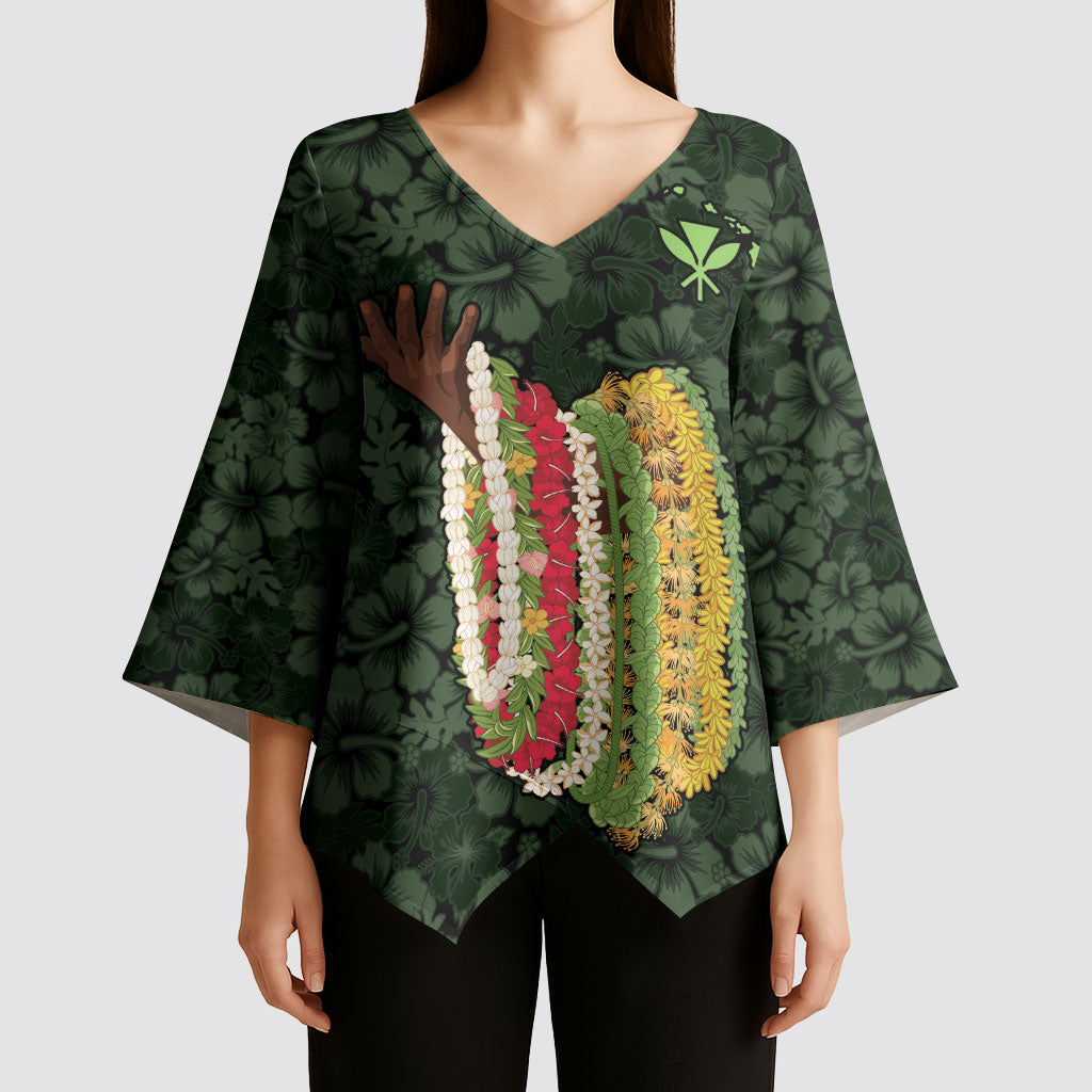 Hawaii Lei Kamehameha Kimono Sleeve Blouse Oma'oma'o Seamless Pattern Hibiscus Flower