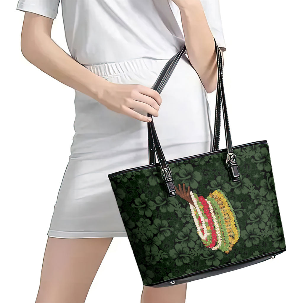 Hawaii Lei Kamehameha Leather Tote Bag Oma'oma'o Seamless Pattern Hibiscus Flower