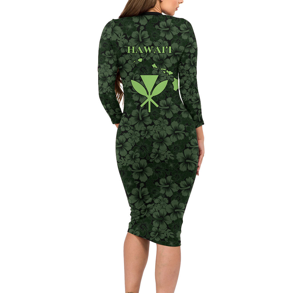Hawaii Lei Kamehameha Long Sleeve Bodycon Dress Oma'oma'o Seamless Pattern Hibiscus Flower
