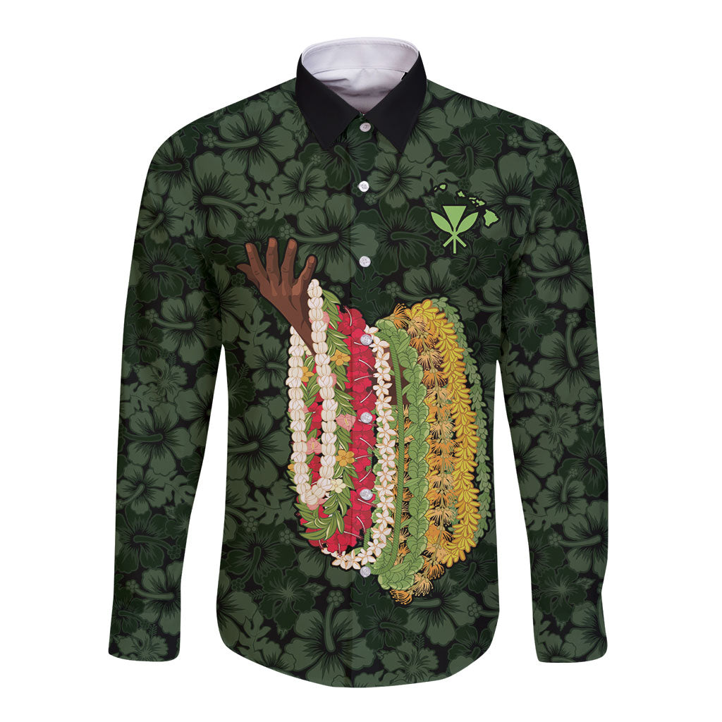 Hawaii Lei Kamehameha Long Sleeve Button Shirt Oma'oma'o Seamless Pattern Hibiscus Flower LT9 Unisex Green - Polynesian Pride