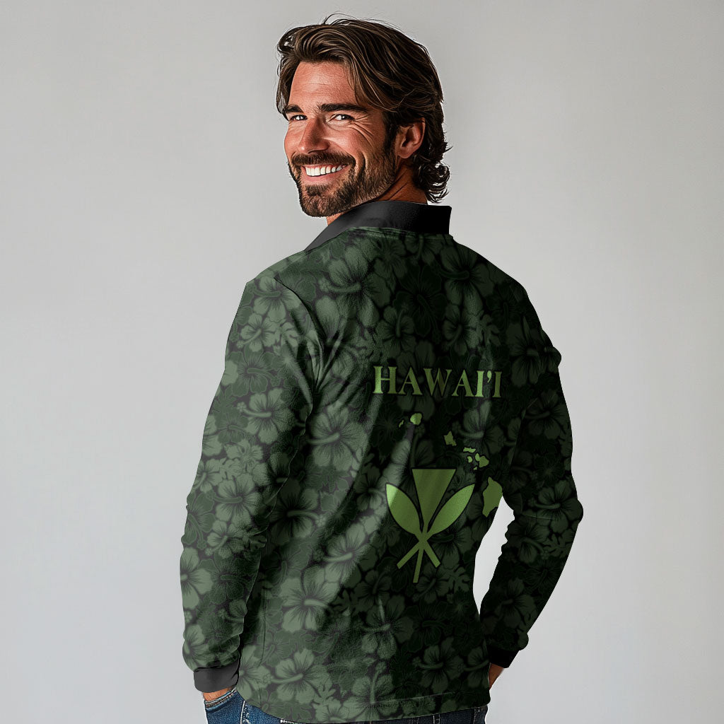 Hawaii Lei Kamehameha Long Sleeve Polo Shirt Oma'oma'o Seamless Pattern Hibiscus Flower