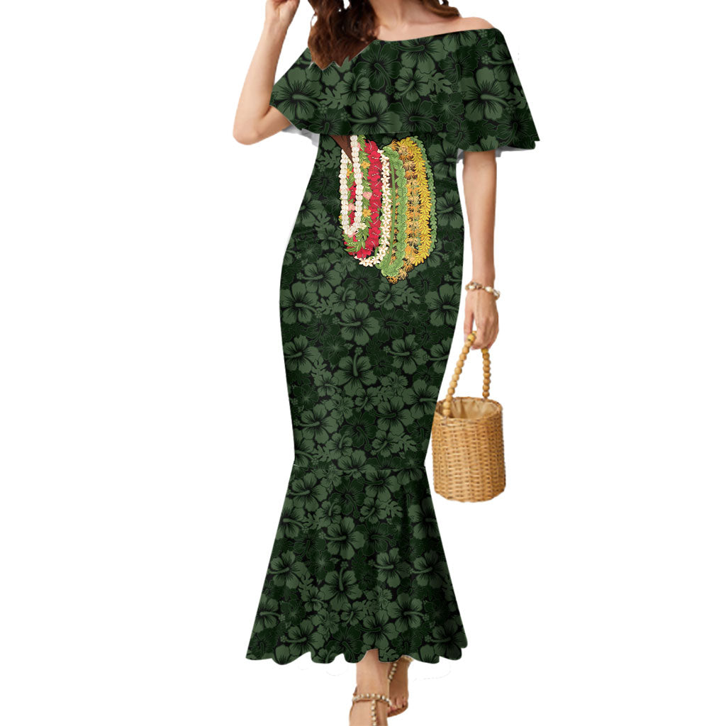 Hawaii Lei Kamehameha Mermaid Dress Oma'oma'o Seamless Pattern Hibiscus Flower LT9 Women Green - Polynesian Pride