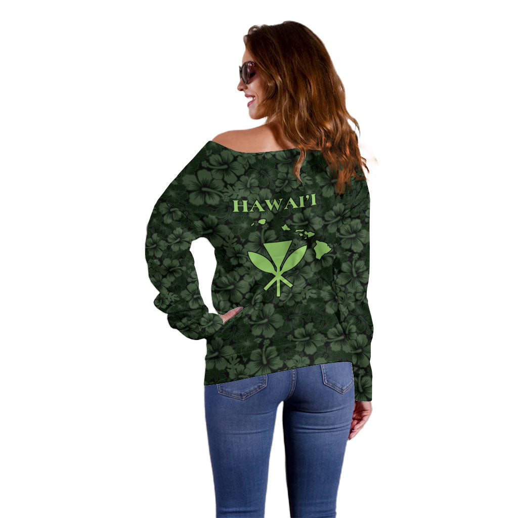 Hawaii Lei Kamehameha Off Shoulder Sweater Oma'oma'o Seamless Pattern Hibiscus Flower
