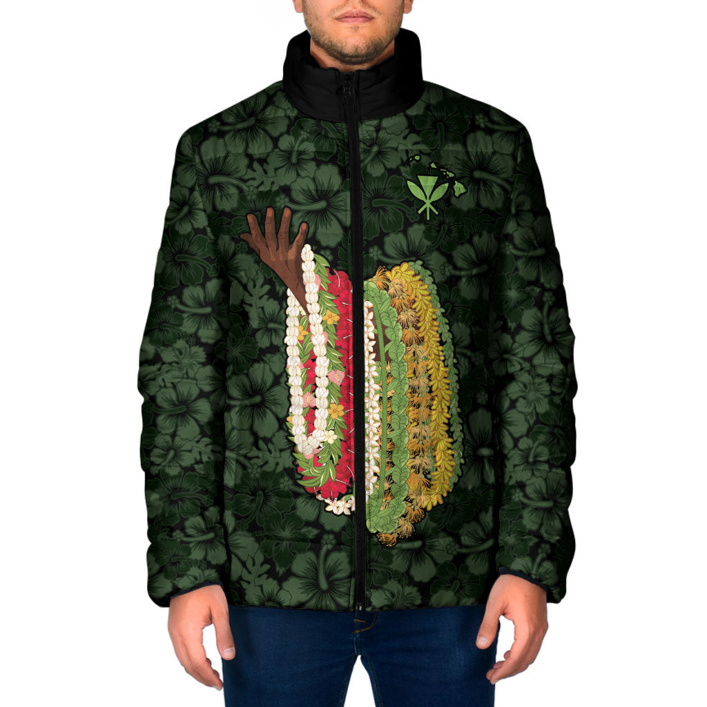 Hawaii Lei Kamehameha Padded Jacket Oma'oma'o Seamless Pattern Hibiscus Flower LT9 Men Green - Polynesian Pride