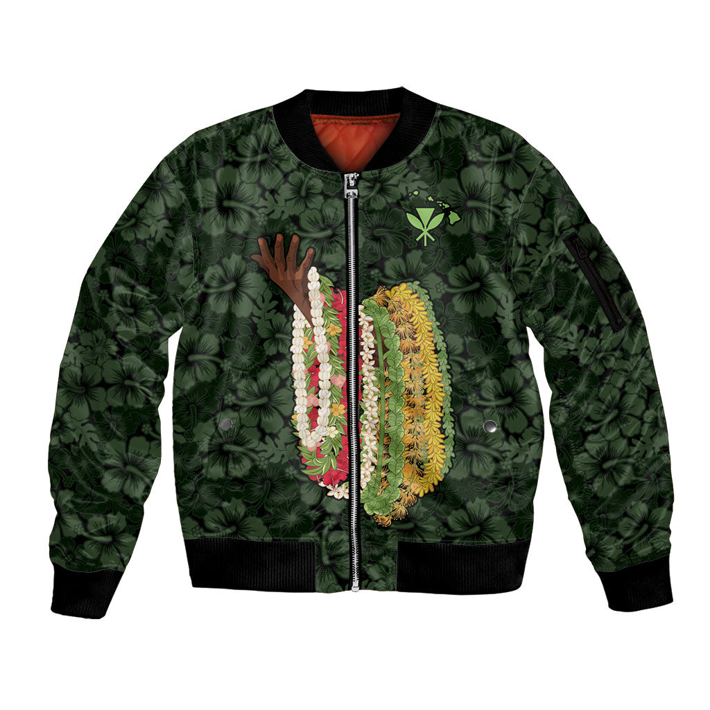 Hawaii Lei Kamehameha Sleeve Zip Bomber Jacket Oma'oma'o Seamless Pattern Hibiscus Flower LT9 Unisex Green - Polynesian Pride
