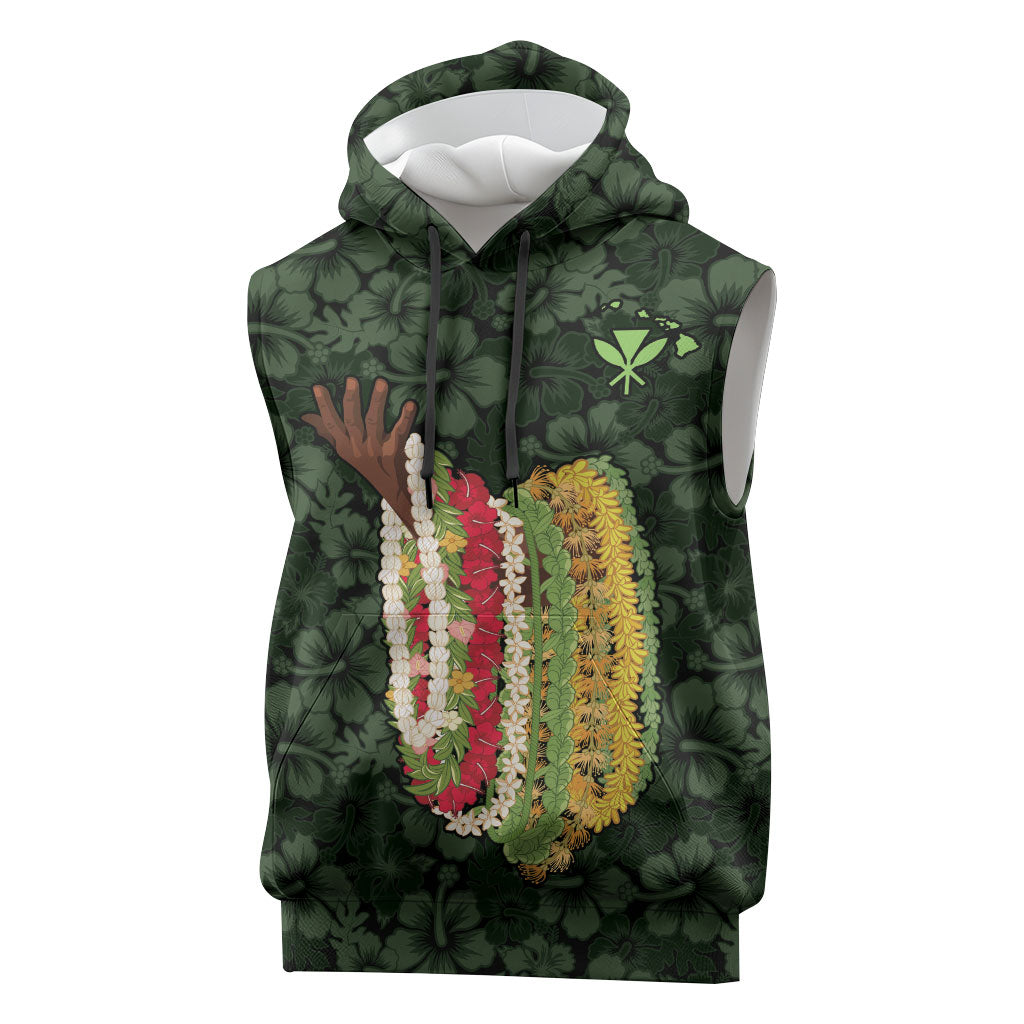 Hawaii Lei Kamehameha Sleeveless Hoodie Oma'oma'o Seamless Pattern Hibiscus Flower LT9 Green - Polynesian Pride